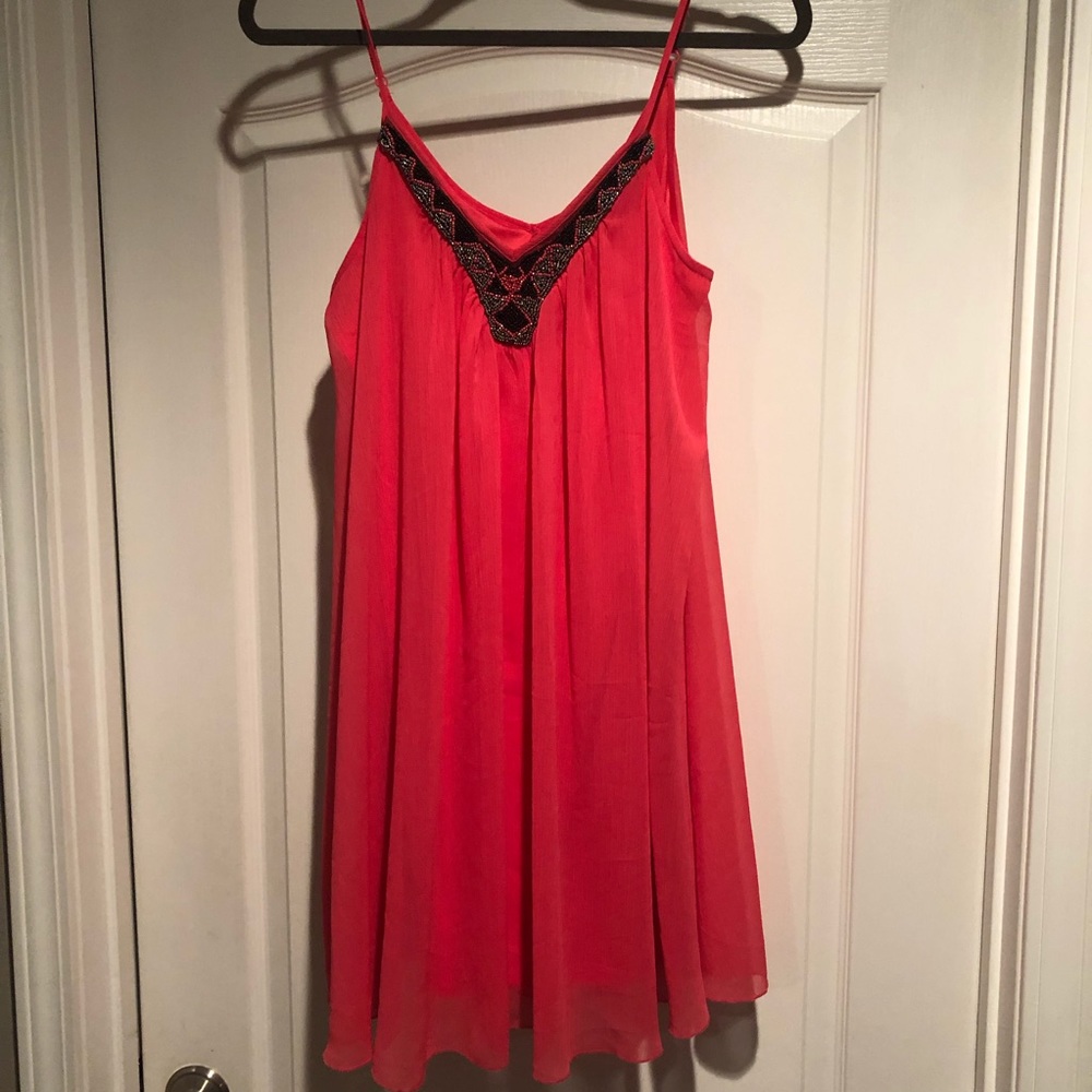 Express beaded spaghetti strap coral dress!